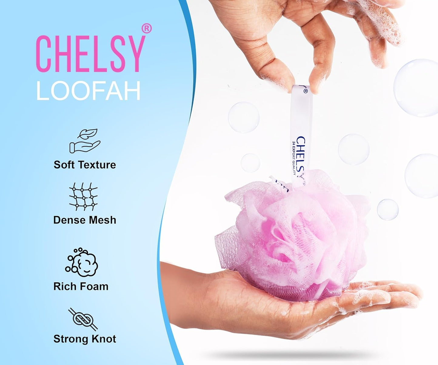 Chelsy Large Loofah Sponge Scrubber – Soft Mesh Exfoliating Shower Puff for Gentle Body Cleansing, Rich Lather, and Refreshing Shower Experience | Durable Daily Use Body Care Accessory