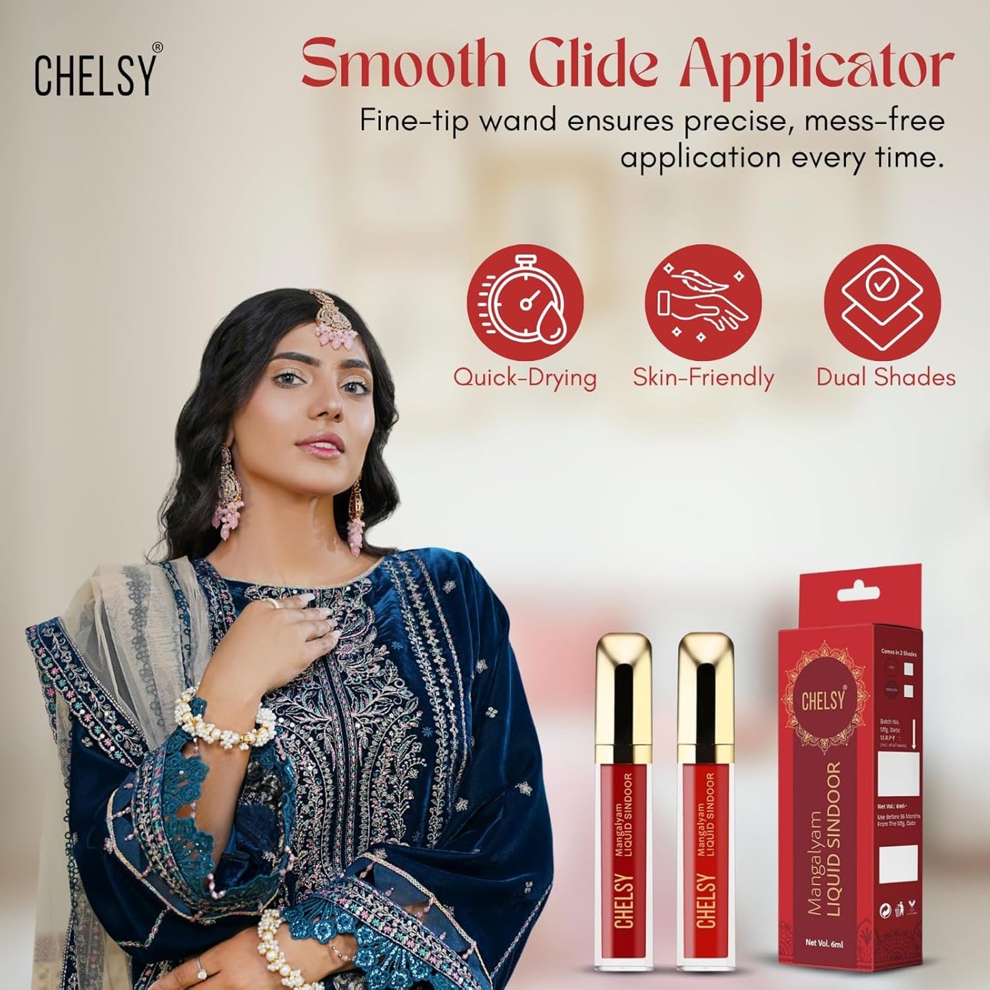 Chelsy Mangalyam Liquid Sindoor | Long-Lasting, Smudge-Proof, Quick-Dry | Safe & Skin-Friendly Sindoor for Women | Bridal Makeup Essential (Red)