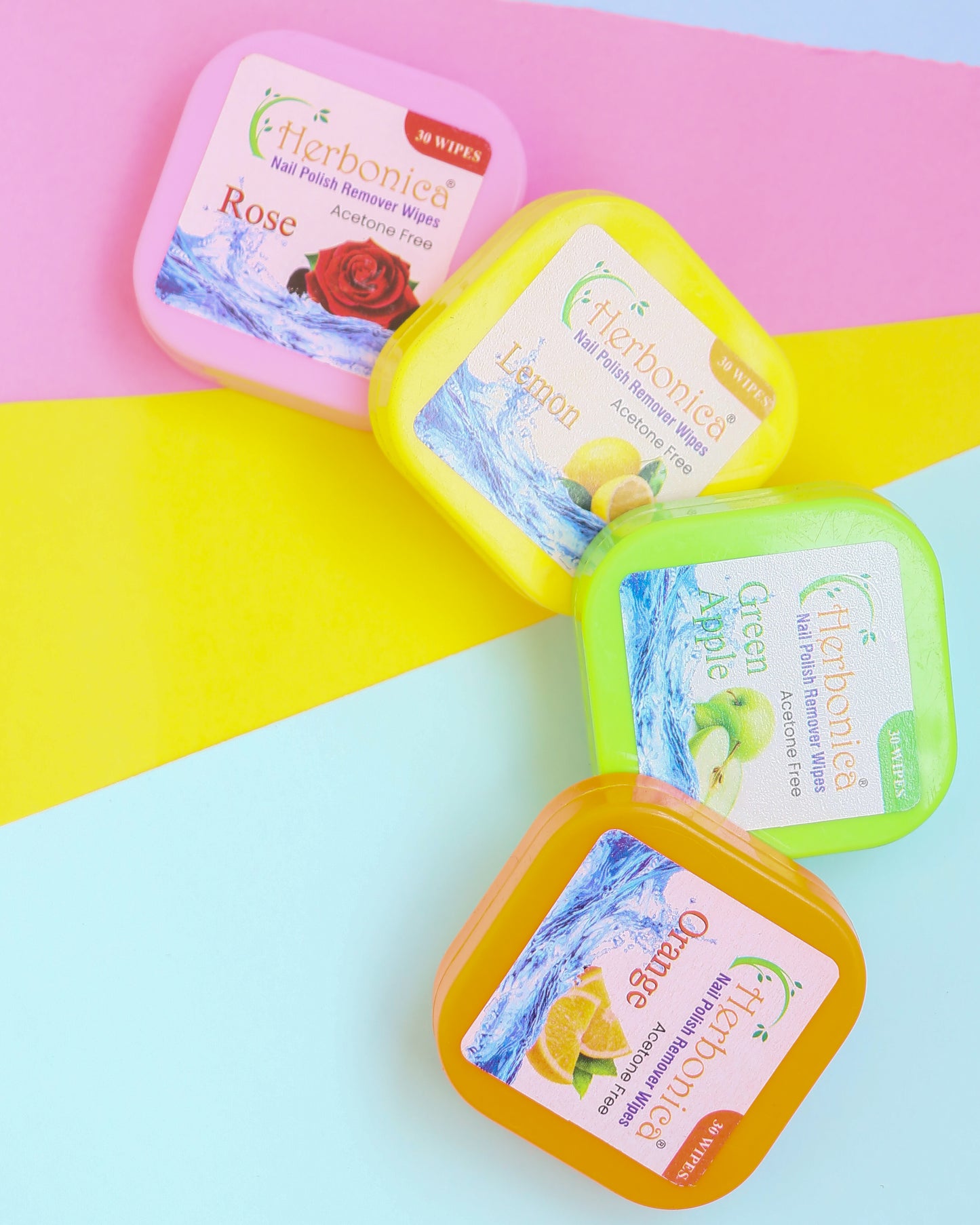 Herbonica Nail Polish Remover Wipes- (30 Pads) x 4 Box (Rose + Orange + Lemon + Green Apple)