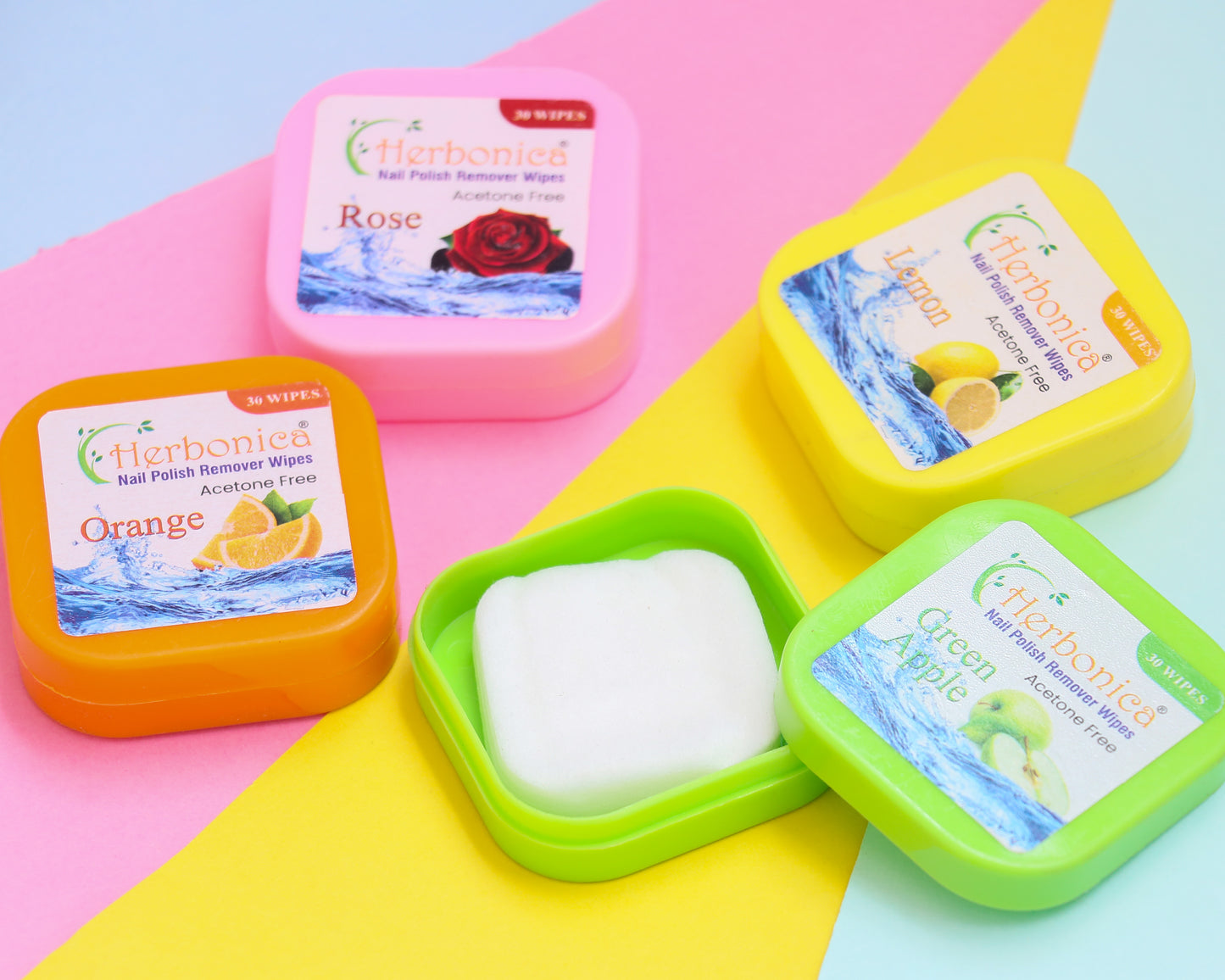 Herbonica Nail Polish Remover Wipes- (30 Pads) x 4 Box (Rose + Orange + Lemon + Green Apple)