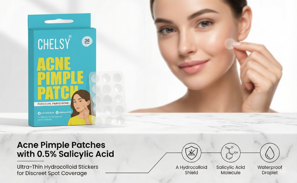 CHELSY Acne Pimple Patches (36 Count) – Pack of 1  With 0.5% Salicylic Acid | Hydrocolloid | Waterproof | Ultra-Thin & Transparent