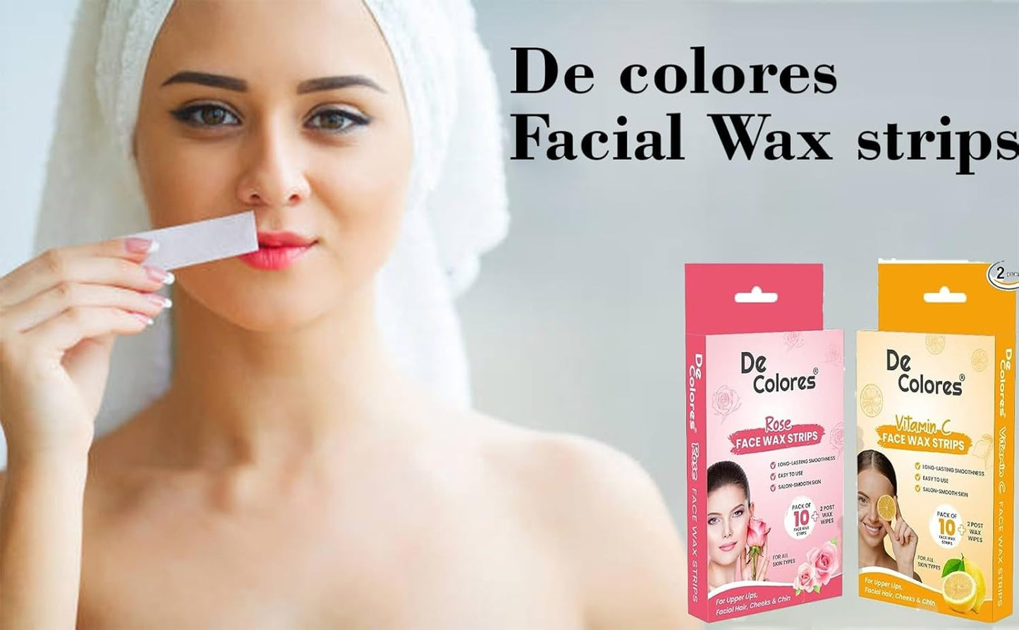 DE COLORES Facial Wax Strips for Women - 2x10 Strips - Upper Lips, Chin, Fingers & Toes
