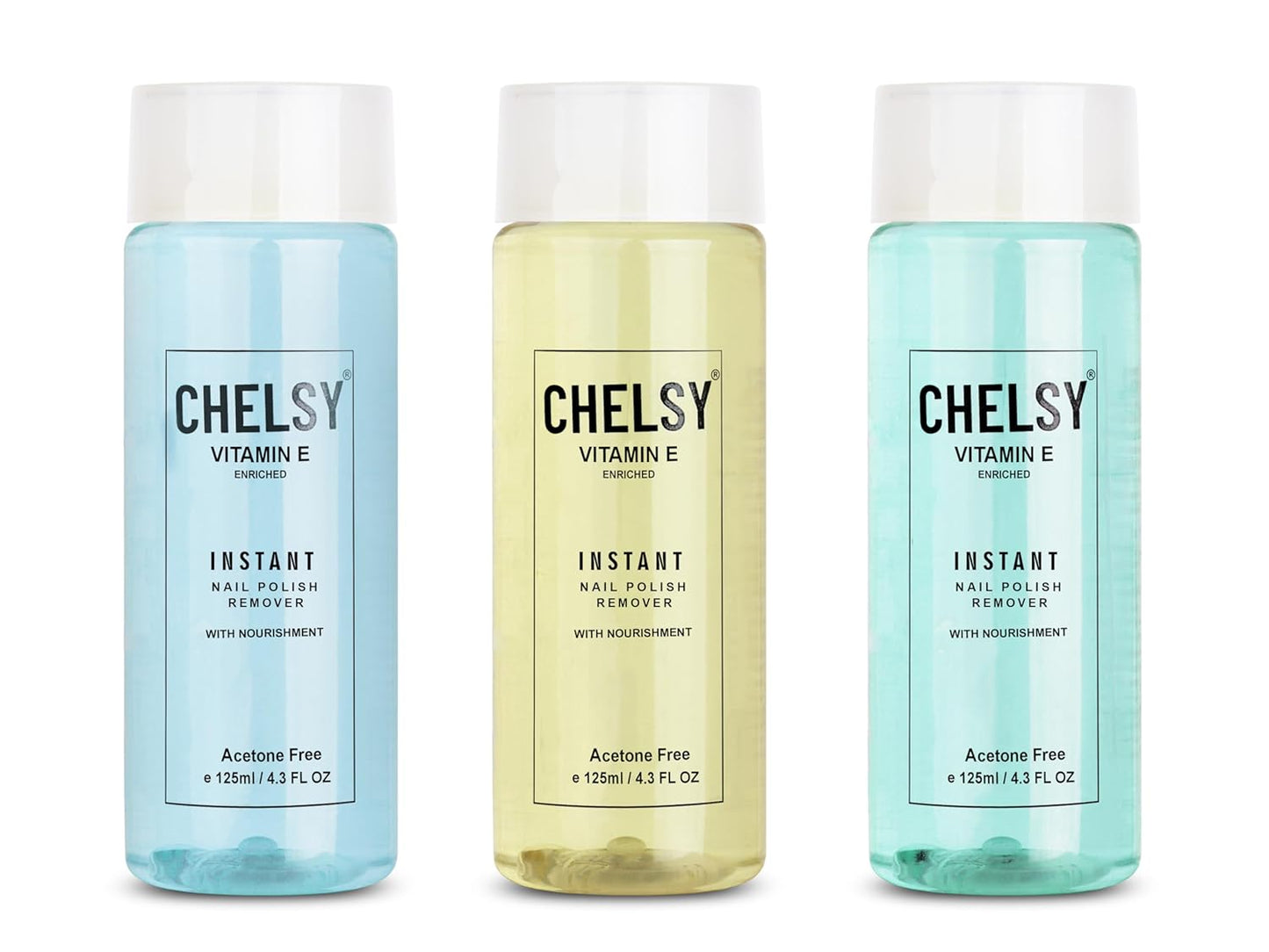 Chelsy Acetone-Free Nail Polish Remover Liquid – Pack of 3 (Strawberry, Blueberry & Lemon, 125ml Each) | Gentle & Moisturising Nail Care