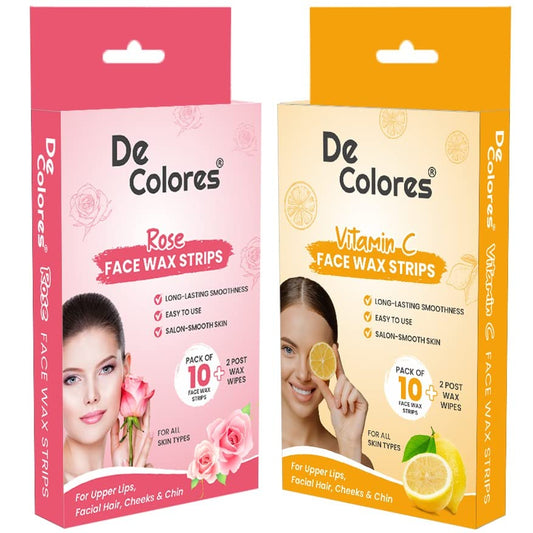 DE COLORES Facial Wax Strips for Women - 2x10 Strips - Upper Lips, Chin, Fingers & Toes